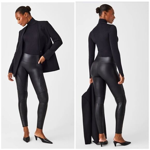 SPANX Very Black Slimming Stretch Faux Leather Moto Leggings Size MP - Picture 1 of 10